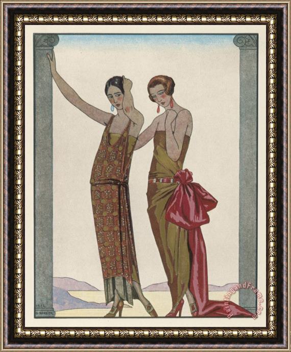 Georges Barbier Strapless Gold Dress Draped Up Over One Hip And Tied with a Large Sash Bow Which Creates a Train Framed Painting