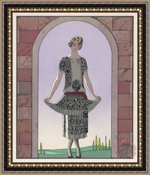 Georges Barbier Tunic Dress by Worth in an Ornate Monochrome Print with Red Detailing Plain Central Panel Framed Painting