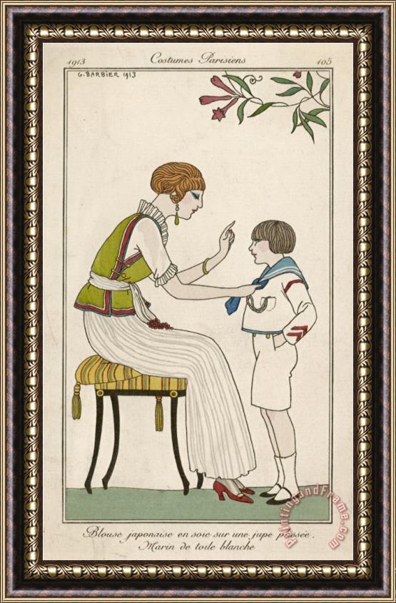 Georges Barbier Woman Narrow Pleated Skirt Japonaise Silk Blouse Short Sleevless Tunic And Sash Framed Painting