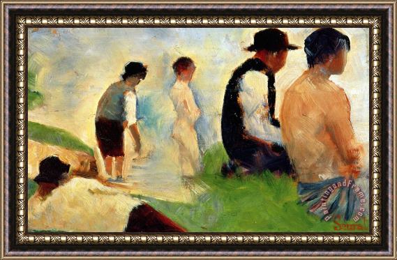 Georges Pierre Seurat Five Male Figures Possible Preparatory Sketch For The ''bathers At Asnieres.'' Framed Painting