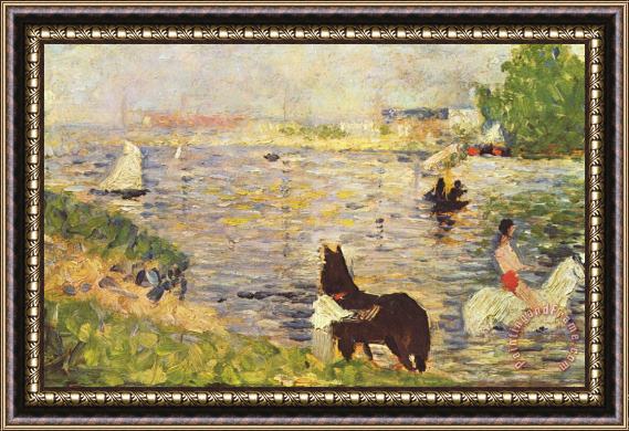 Georges Seurat White And Black Horse in The River Framed Print