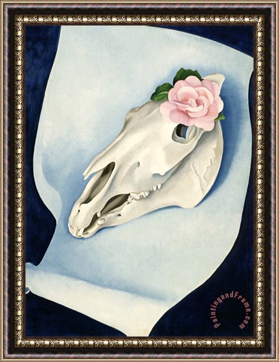 Georgia O'keeffe Horse S Skull with Pink Rose Framed Painting