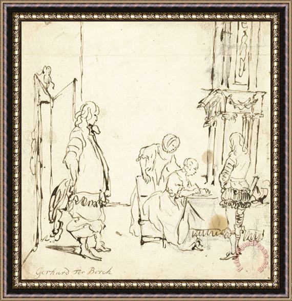 Gerard ter Borch Interieur Met Een Briefschrijvende Vrouw, Een Wachtende Man En Twee Toeschouwers Framed Painting