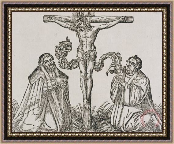 German School Martin Luther And Frederick IIi Of Saxony Kneeling Before Christ On The Cross Framed Painting
