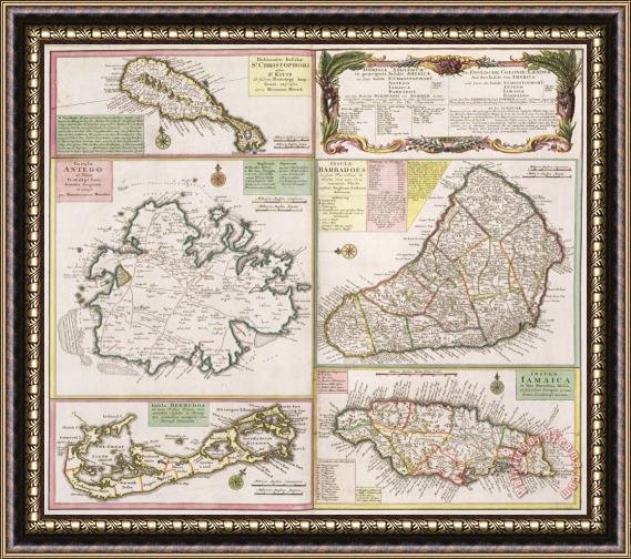 German School Old Map of English Colonies in the Caribbean Framed Painting