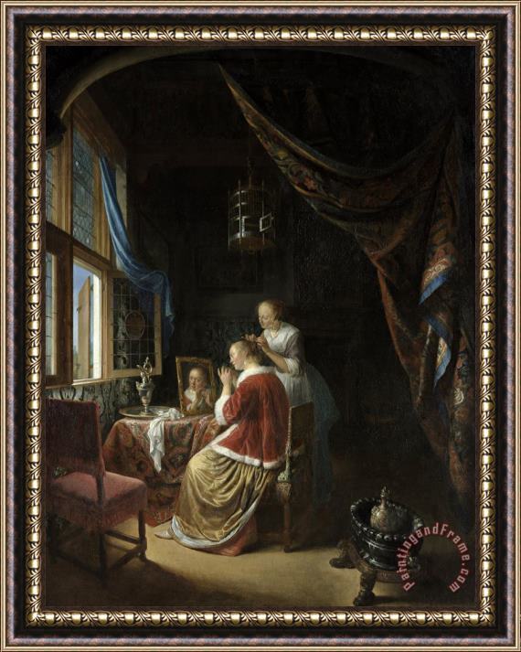 Gerrit Dou A Young Woman at Her Toilet Framed Print