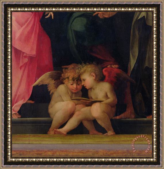 Giovanni Battist Rosso Fiorentino Two cherubs reading detail from Madonna and Child with Saints Framed Print