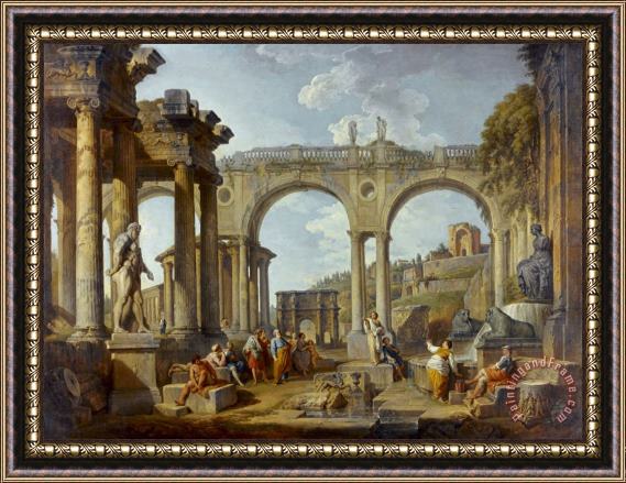 Giovanni Paolo Panini A Capriccio of Roman Ruins with The Arch of Constantine Framed Print