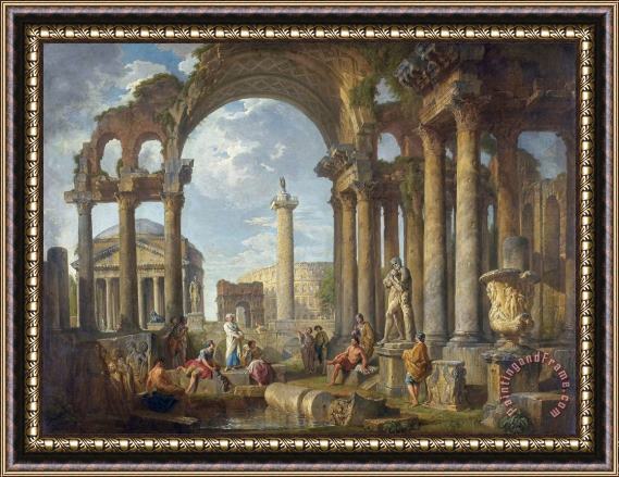 Giovanni Paolo Panini A Capriccio of Roman Ruins with The Pantheon Framed Painting