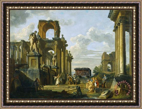 Giovanni Paolo Panini An Architectural Capriccio of The Roman Forum with Philosophers And Soldiers Among Ancient Ruins, In... Framed Print