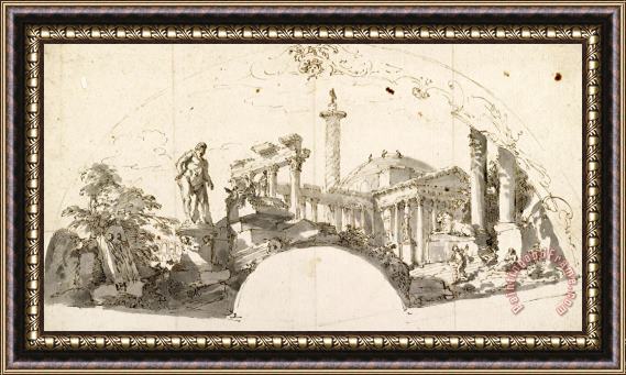 Giovanni Paolo Panini Design for a Fan Capriccio with Roman Ruins And The Farnese Hercules Framed Painting