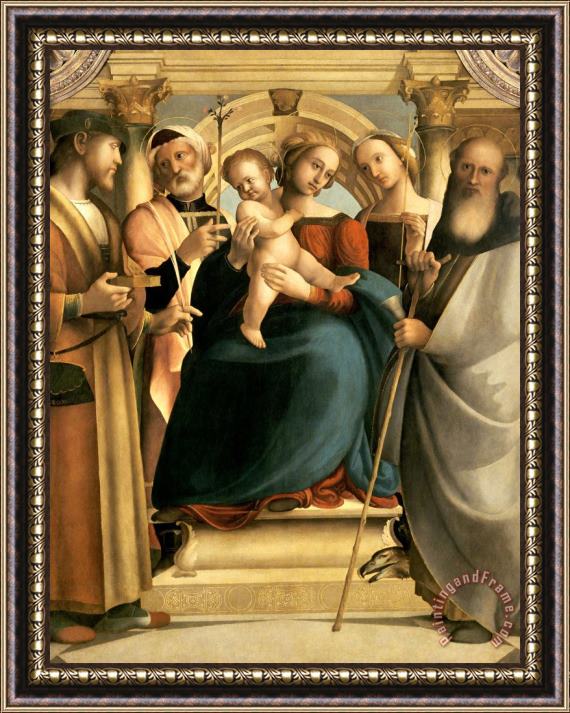 Girolamo Genga Madonna Enthroned with Christ Child And Saints Pantaleon, Joseph, Prisca, And Anthony Abbot Framed Print