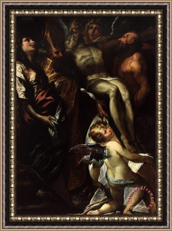 Giulio Cesare Procaccini  The Lowering of The Cross with Sts Mary Magdalene, Augustine, Jerome And Angels Framed Painting