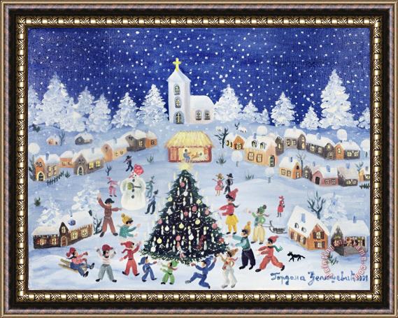 Gordana Delosevic Snowy Christmas In A Village Square Framed Painting