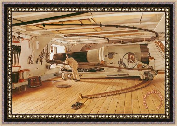 Gustave Bourgain Twenty-Seven Pound Cannon on a Battleship Framed Painting