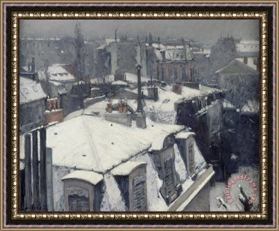 Gustave Caillebotte Rooftops in The Snow (snow Effect) Framed Painting