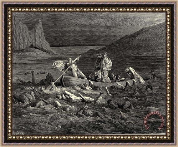 Gustave Dore The Inferno, Canto 8, Lines 2729 Soon As Both Embark’d, Cutting The Waves, Goes on The Ancient Prow, More Deeply Than with Others It Is Wont. Framed Print