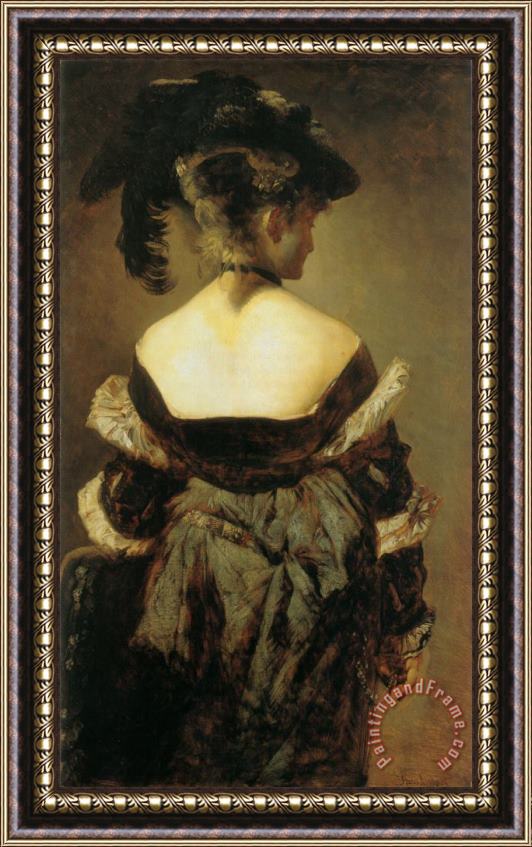Hans Makart Lady with Feather Hat From Behind Framed Painting