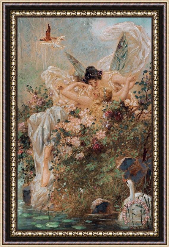 Hans Zatzka Two Fairies Embracing in a Landscape with a Swan Circa Framed Painting