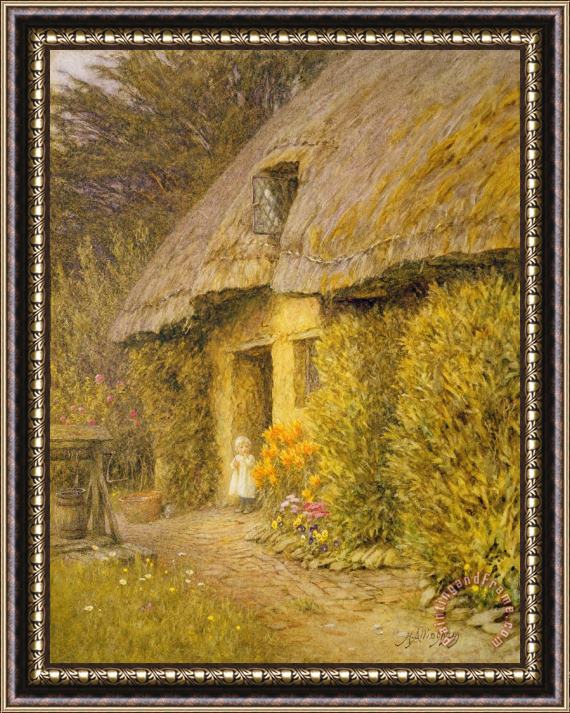 Helen Allingham  A Child at the Doorway of a Thatched Cottage Framed Painting