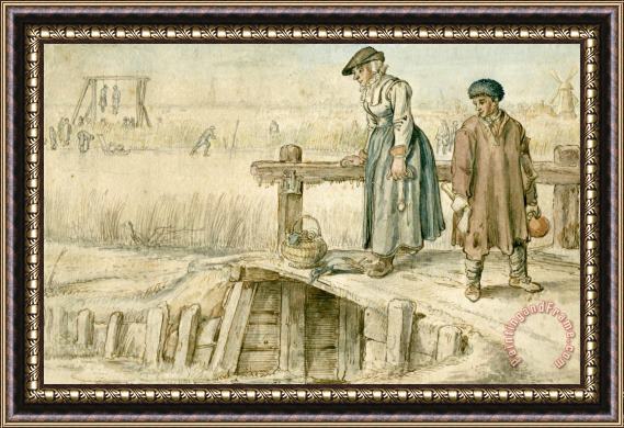 Hendrick Avercamp Winter Scene; a Woman And a Boy on a Small Bridge Framed Print