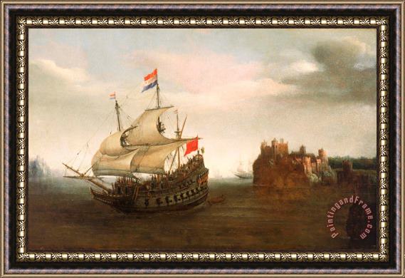 Hendrick Cornelisz Vroom A Castle With A Dutch Ship Sailing Nearby Framed Print