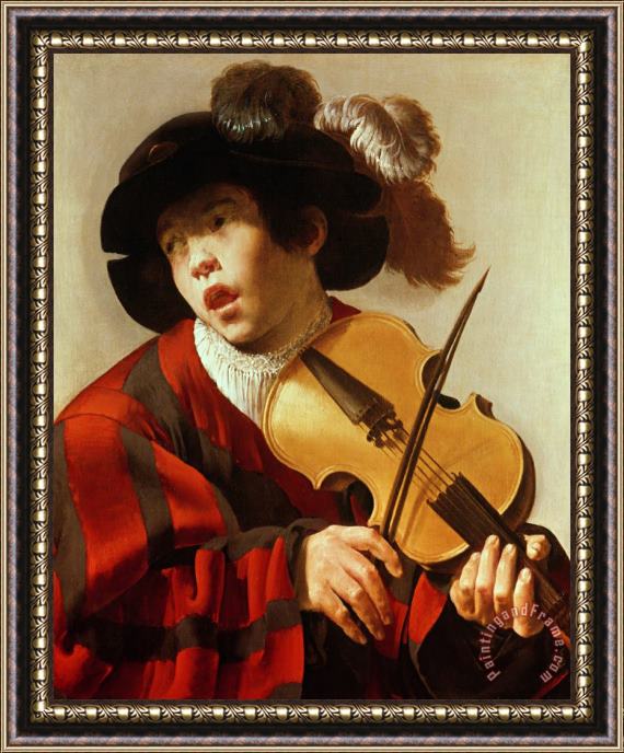 Hendrick Ter Brugghen  Boy Playing Stringed Instrument and Singing Framed Painting