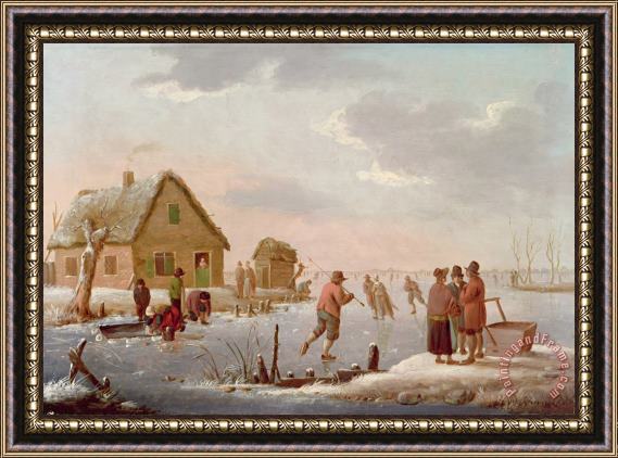 Hendrik Willem Schweickardt Figures Skating in a Winter Landscape Framed Painting