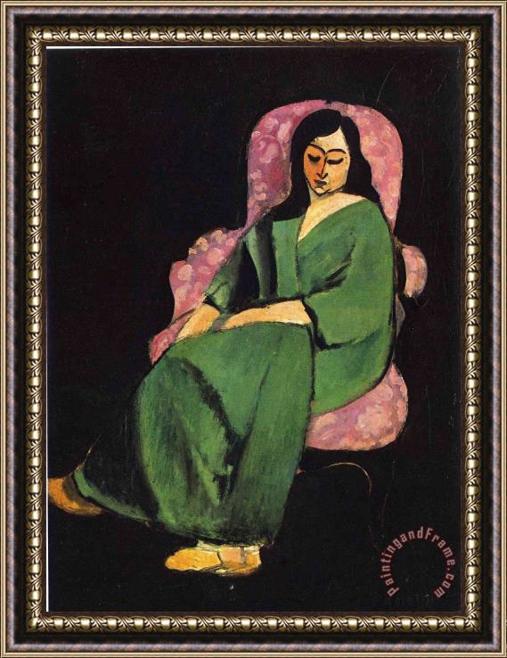 Henri Matisse Lorette in a Green Robe Against a Black Background 1916 Framed Print