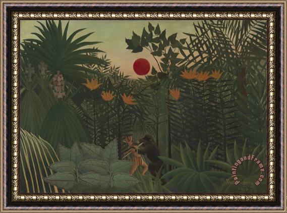 Henri Rousseau Tropical Landscape an American Indian Struggling with a Gorilla Framed Painting