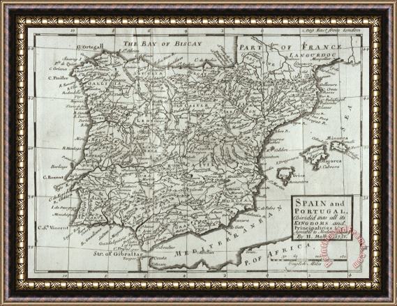 Hermann Moll Antique Map of Spain and Portugal Framed Print