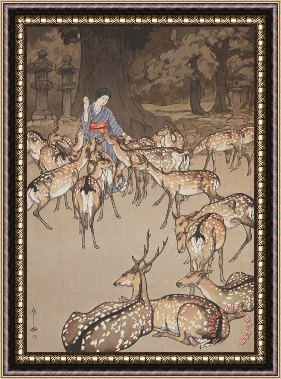 Hiroshi Yoshida Deer in Kasuga Framed Print