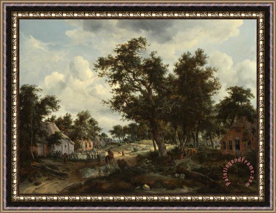 Hobbema, Meindert A Wooded Landscape with Travelers on a Path Through a Hamlet Framed Painting