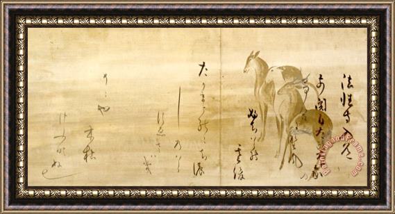 Honami Koetsu Calligraphy of Poems From The Shinkokin Wakashu on Paper Decorated with Deer Framed Painting