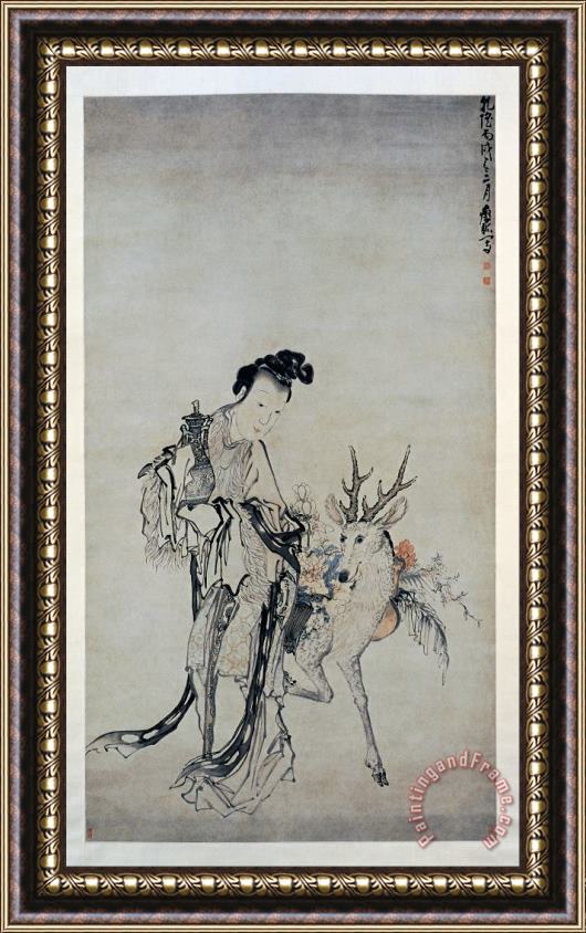 Huang Shen Ma Gu Holding a Vase,with a Deer Framed Painting