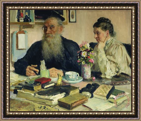 Ilya Efimovich Repin Leo Tolstoy With His Wife In Yasnaya Polyana Framed Print