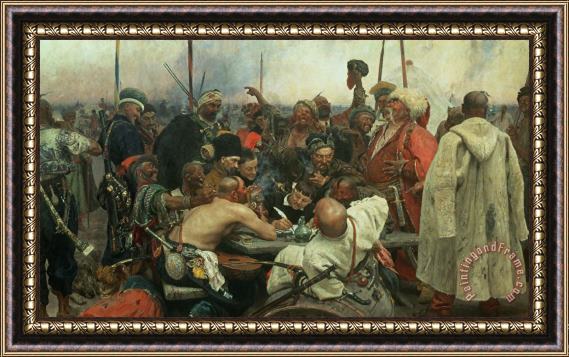 Ilya Efimovich Repin The Zaporozhye Cossacks writing a letter to the Turkish Sultan Framed Print