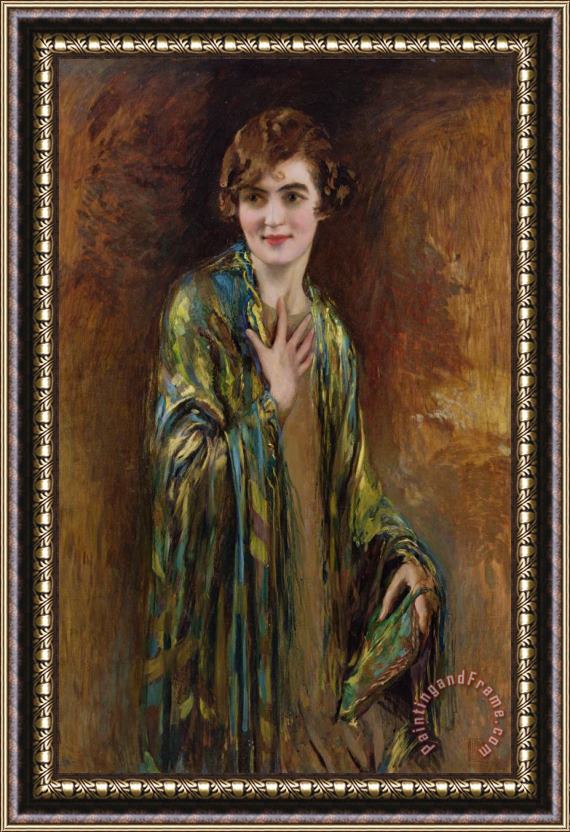 Isaac Cohen Portrait of a girl with a green shawl Framed Painting