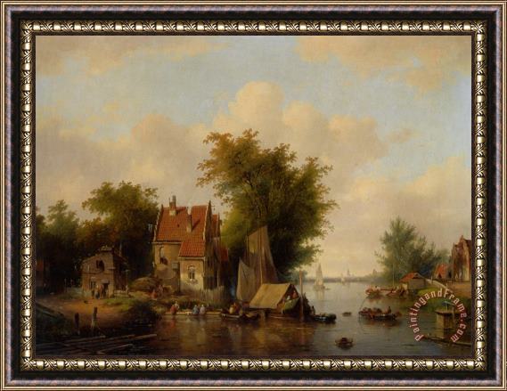 Jacobus Van Der Stok A River Landscape with Many Figures by a Village Framed Painting