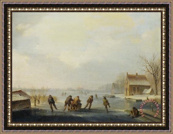 Jacobus Van Der Stok Skaters on a Frozen Waterway Framed Painting