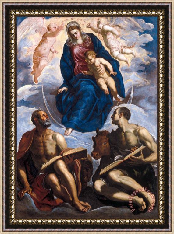 Jacopo Robusti Tintoretto Mary with The Child, Venerated by St. Marc And St. Luke Framed Painting