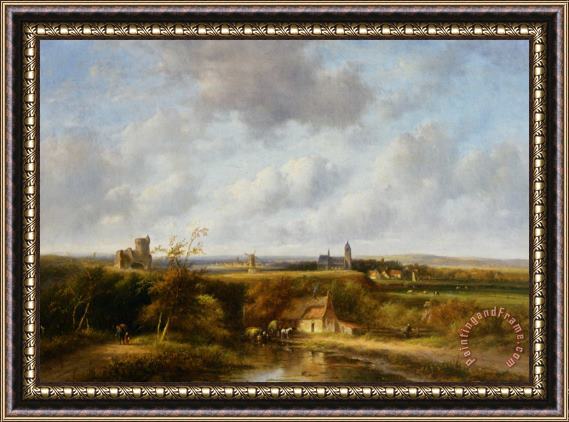 Jan Evert Morel An Extensive Summer Landscape with Peasants by a Farm, a Village in The Distance Framed Painting