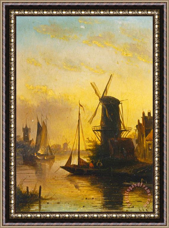 Jan Jacob Coenraad Spohler A Summer Landscape with a Windmill at Sunset Framed Painting