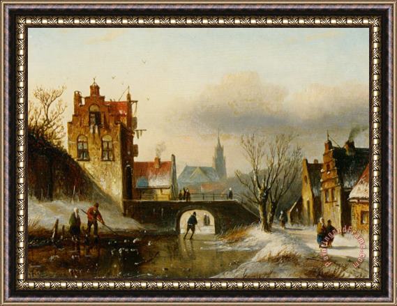 Jan Jacob Coenraad Spohler Figures on a Frozen Canal in a Dutch Town Framed Painting