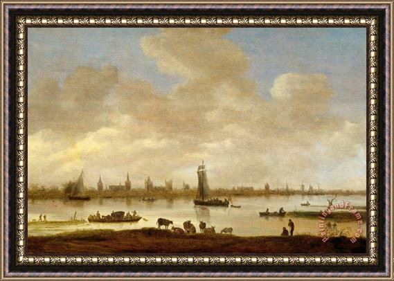 Jan Josefsz Van Goyen View of an Imaginary Town on a River with The Tower of Saint Pol in Vianen (river Landscape with View of Vianen) Framed Painting