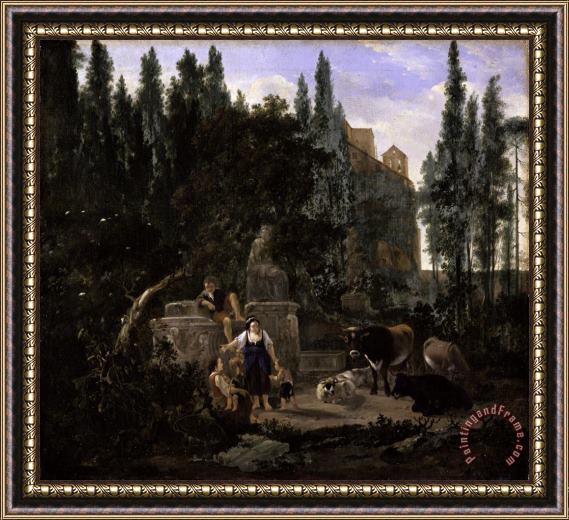 Jan Lapp An Italian Landscape with Figures And Cattle Framed Painting