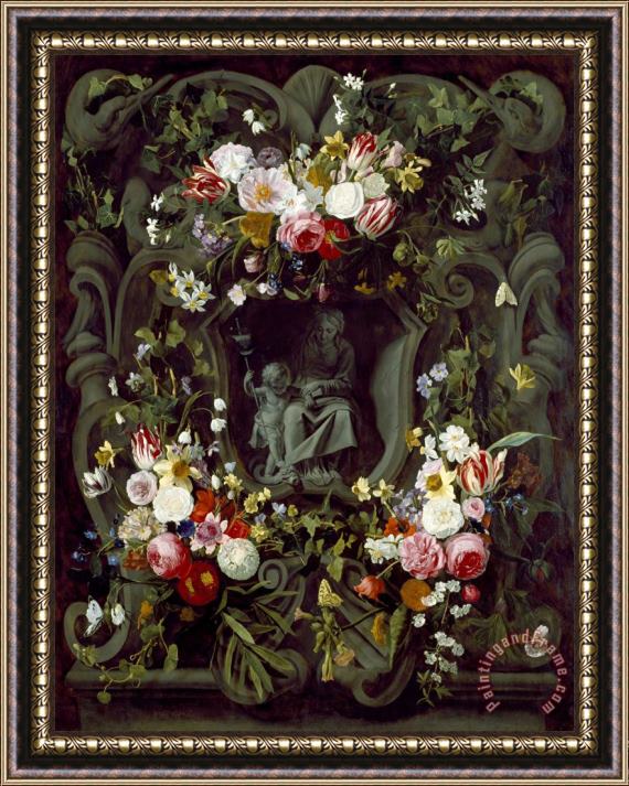 Jan Philip Van Thielen A Stone Cartouche with The Virgin And Child, Encircled by a Garland of Flowers Framed Painting
