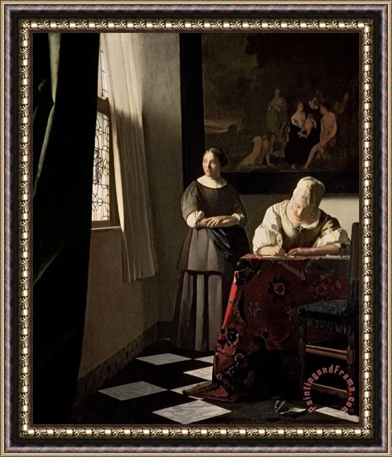 Jan Vermeer Lady writing a letter with her Maid Framed Painting
