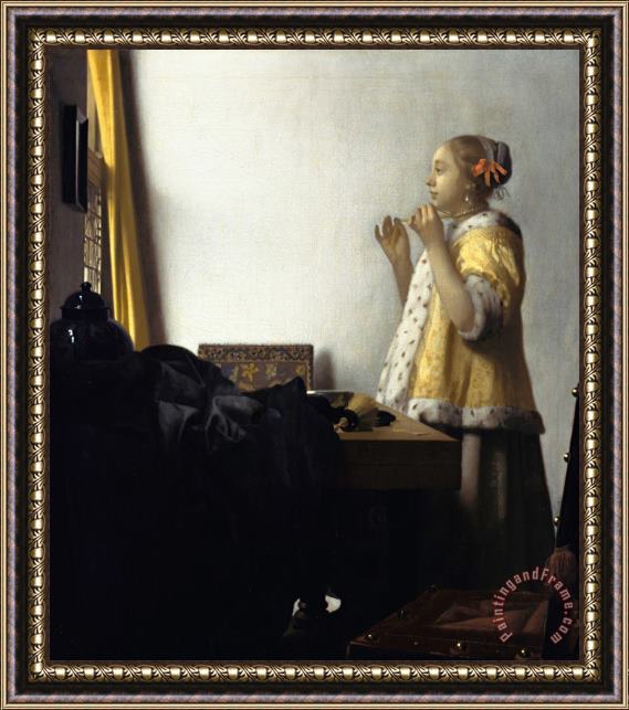 Jan Vermeer van Delft Young Woman with a Pearl Necklace Framed Painting