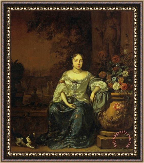 Jan Weenix Portrait of a Lady Seated in a Garden with Her Dog Framed Print